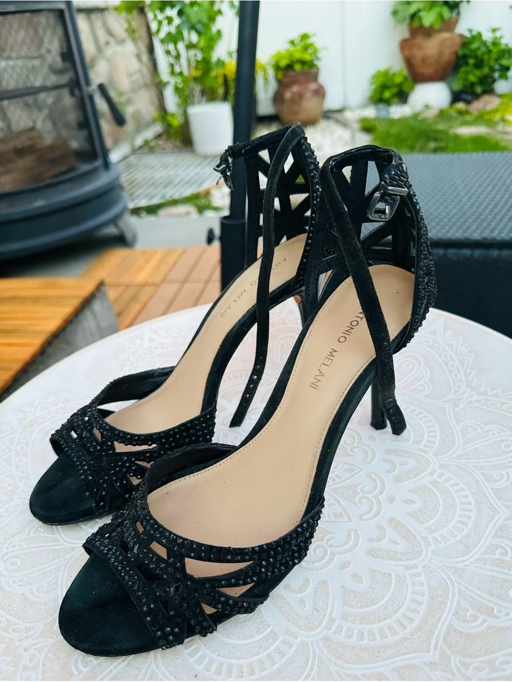 ANTONIO MELANI Black Strappy Crystal-Embellished Ankle-Strap Heels - Picture 3 of 9